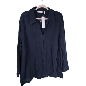 Soft Surroundings Cotton Gauzy Tunic 1X VNeck Collared Pleated Relaxed Lagenlook